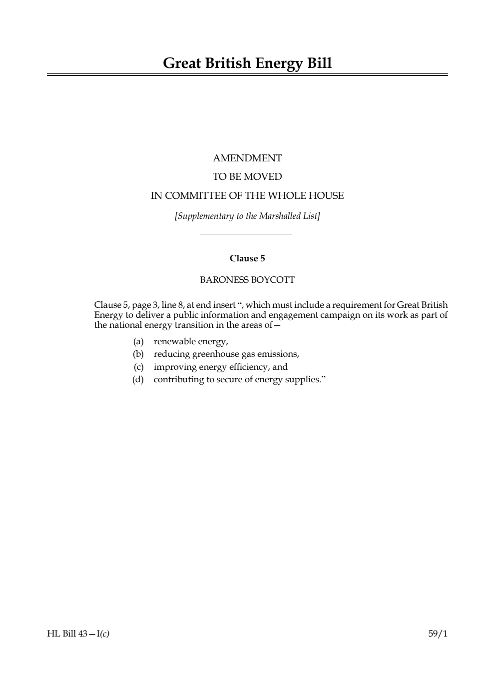 Great British Energy Bill Amendment to be moved in Committee of the Whole House [Supplementary to the Marshalled List]