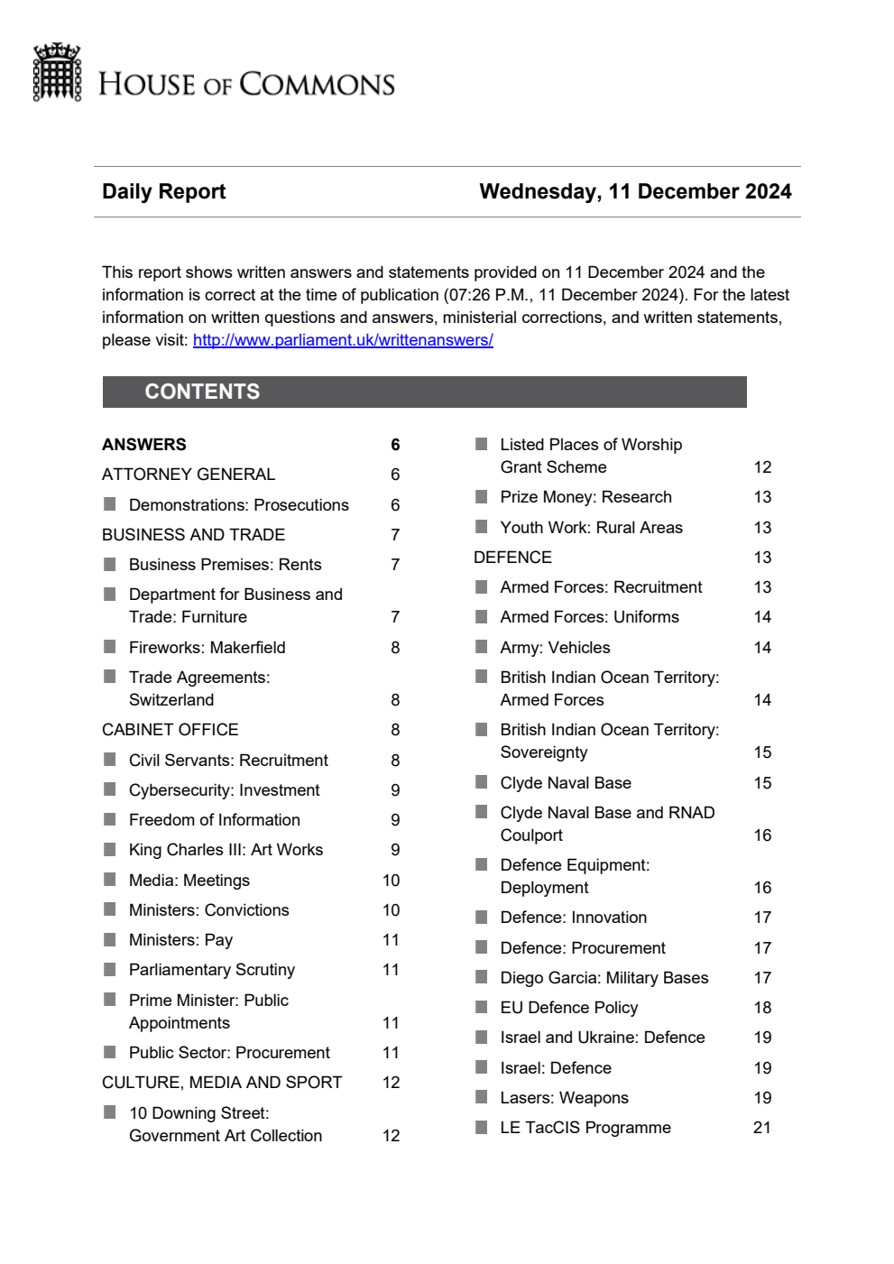 HOC Daily Report Written Statements and Answers 11.12.24