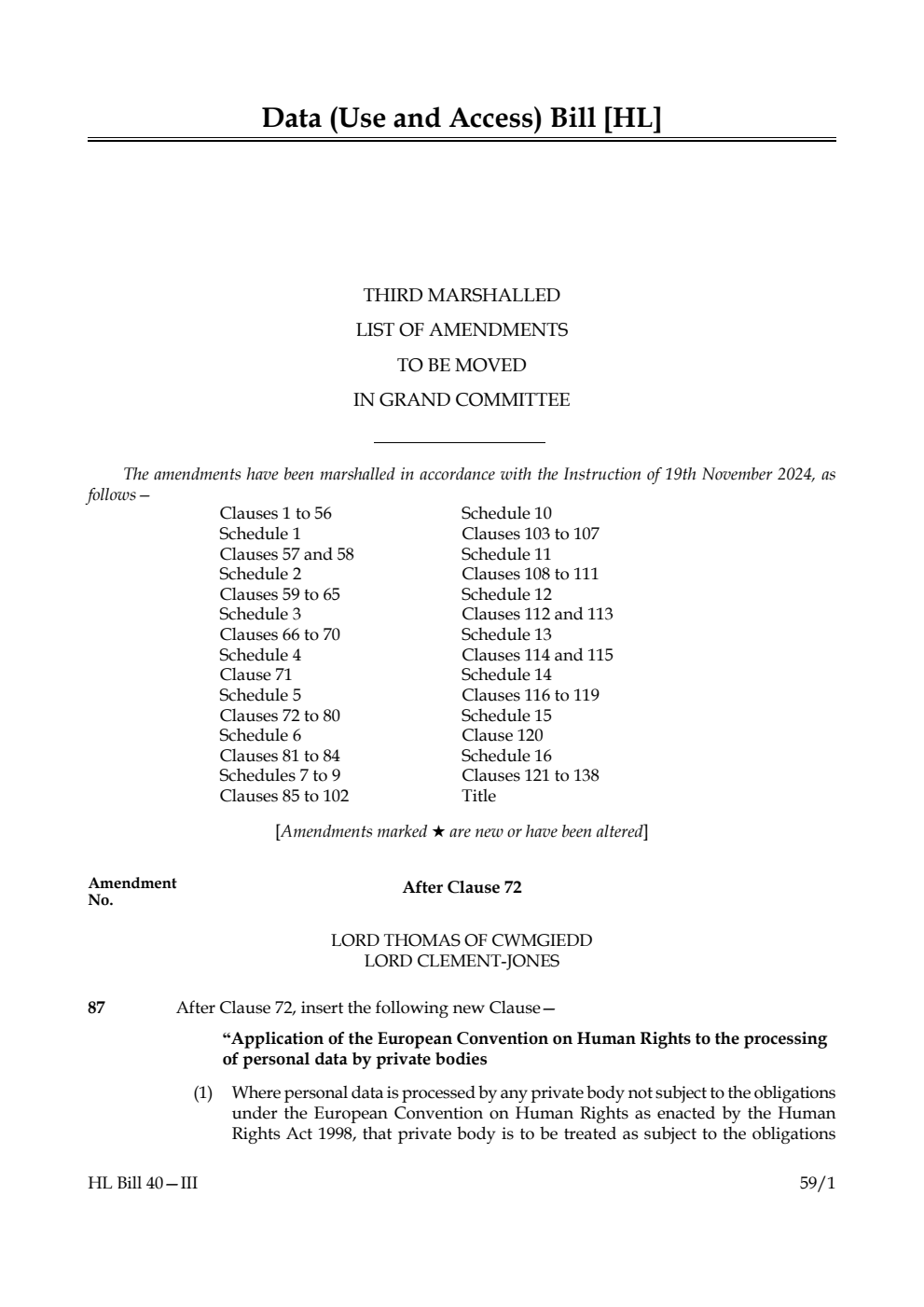 Data (Use and Access) Bill Third Marshalled List of amendments to be moved in Grand Committee