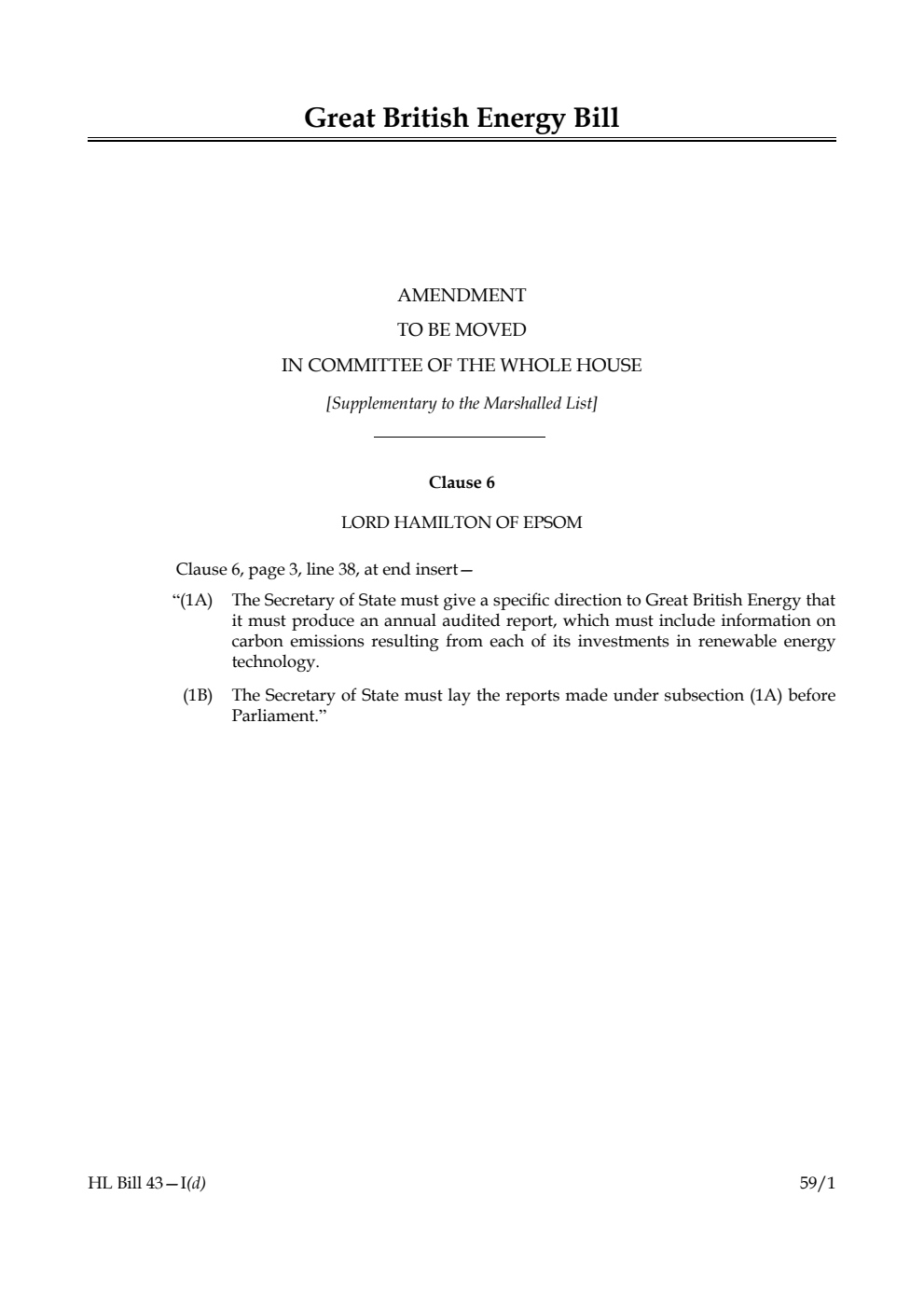 Great British Energy Bill Amendment to be moved in Committee of the Whole House [Supplementary to the Marshalled List] 