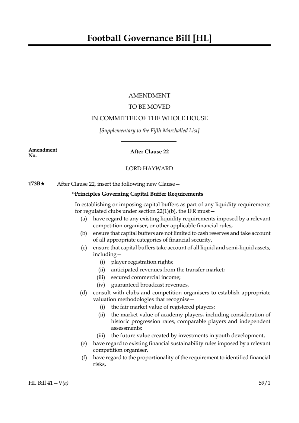 Football Governance Bill Amendment to be moved in Committee of the Whole House [Supplementary to the Fifth Marshalled List] 