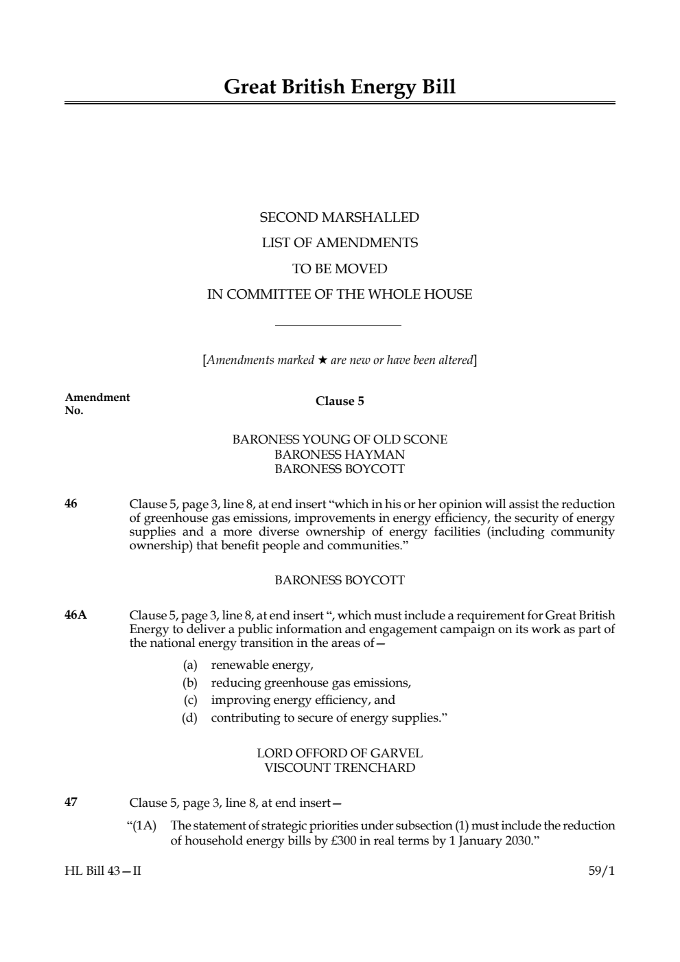 Great British Energy Bill Second Marshalled List of amendments to be moved in Committee of the Whole House