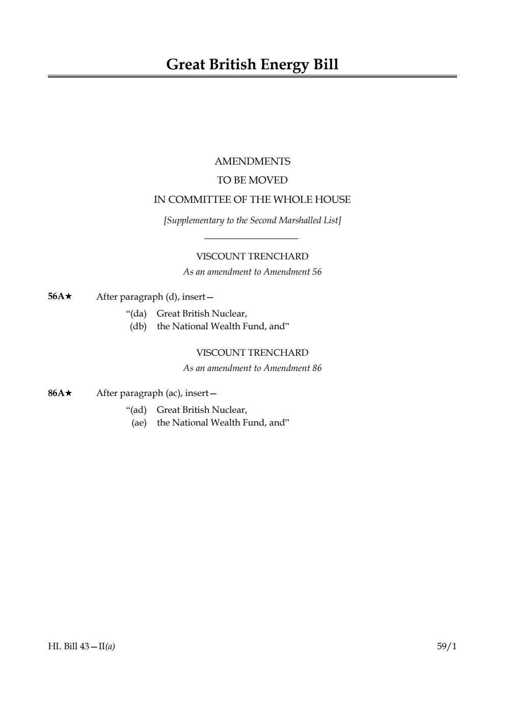 Great British Energy Bill Amendments to be moved in Committee of the Whole House [Supplementary to the Second Marshalled List]