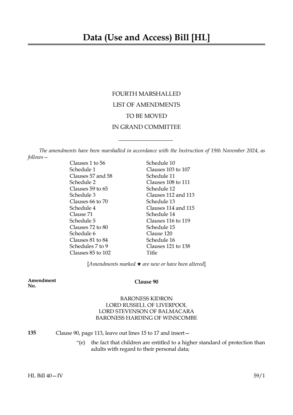 Data (Use and Access) Bill Fourth Marshalled List of amendments to be moved in Grand Committee