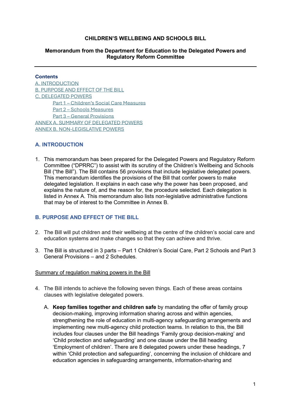 Children’s Wellbeing and Schools Bill Memorandum from the Department for Education to the Delegated Powers and Regulatory Reform Committee