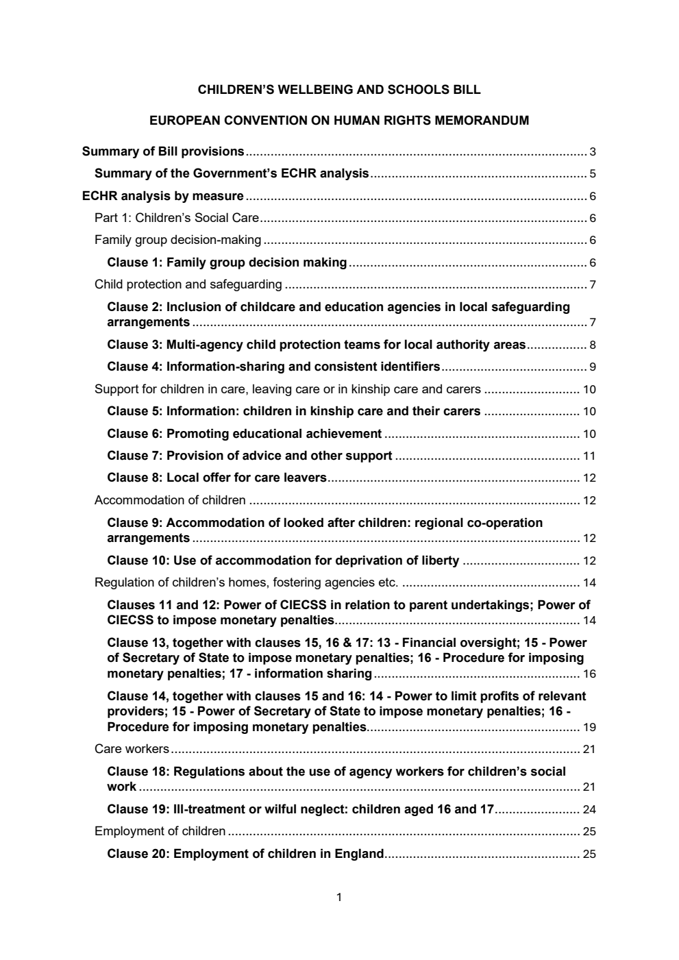 Children’s Wellbeing and Schools Bill European Convention on Human Rights Memorandum