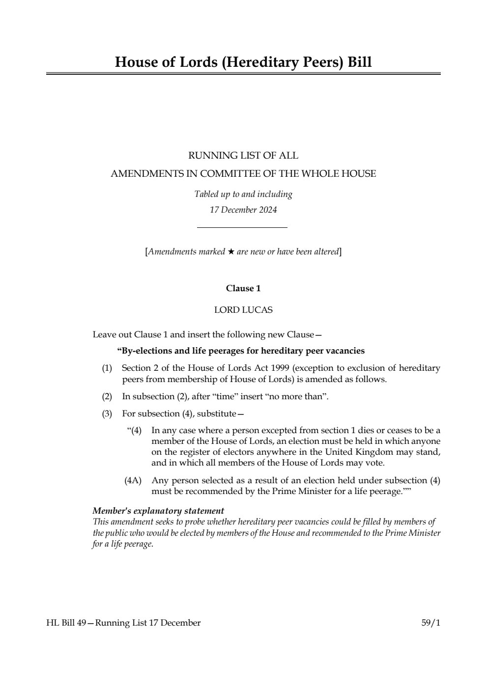 House of Lords (Hereditary Peers) Bill Running List of all amendments in Committee of the Whole House tabled up to and including 17 December 2024