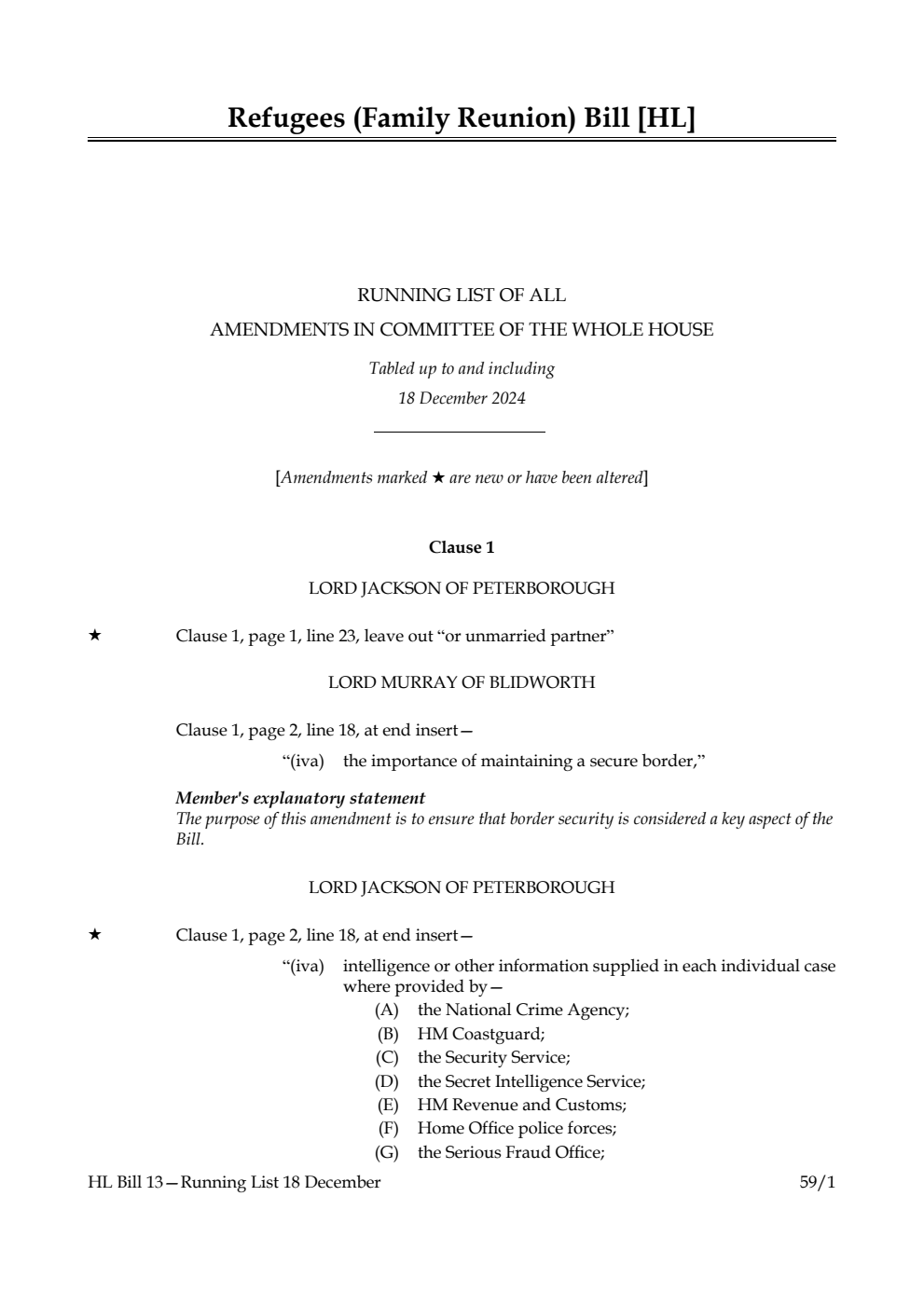 Refugees (Family Reunion) Bill Running List of all amendments in Committee of the Whole House tabled up to and including 18 December 2024