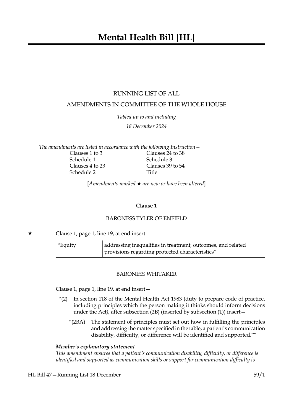 Mental Health Bill Running List of all amendments in Committee of the Whole House tabled up to and including 18 December 2024
