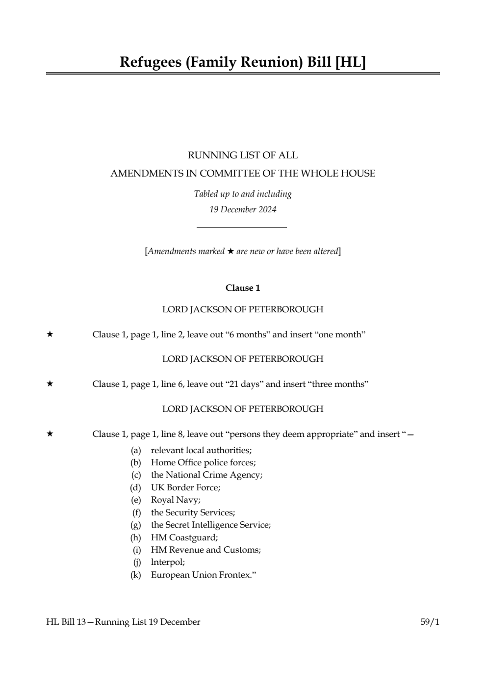 Refugees (Family Reunion) Bill Running List of all amendments in Committee of the Whole House tabled up to and including 19 December 2024