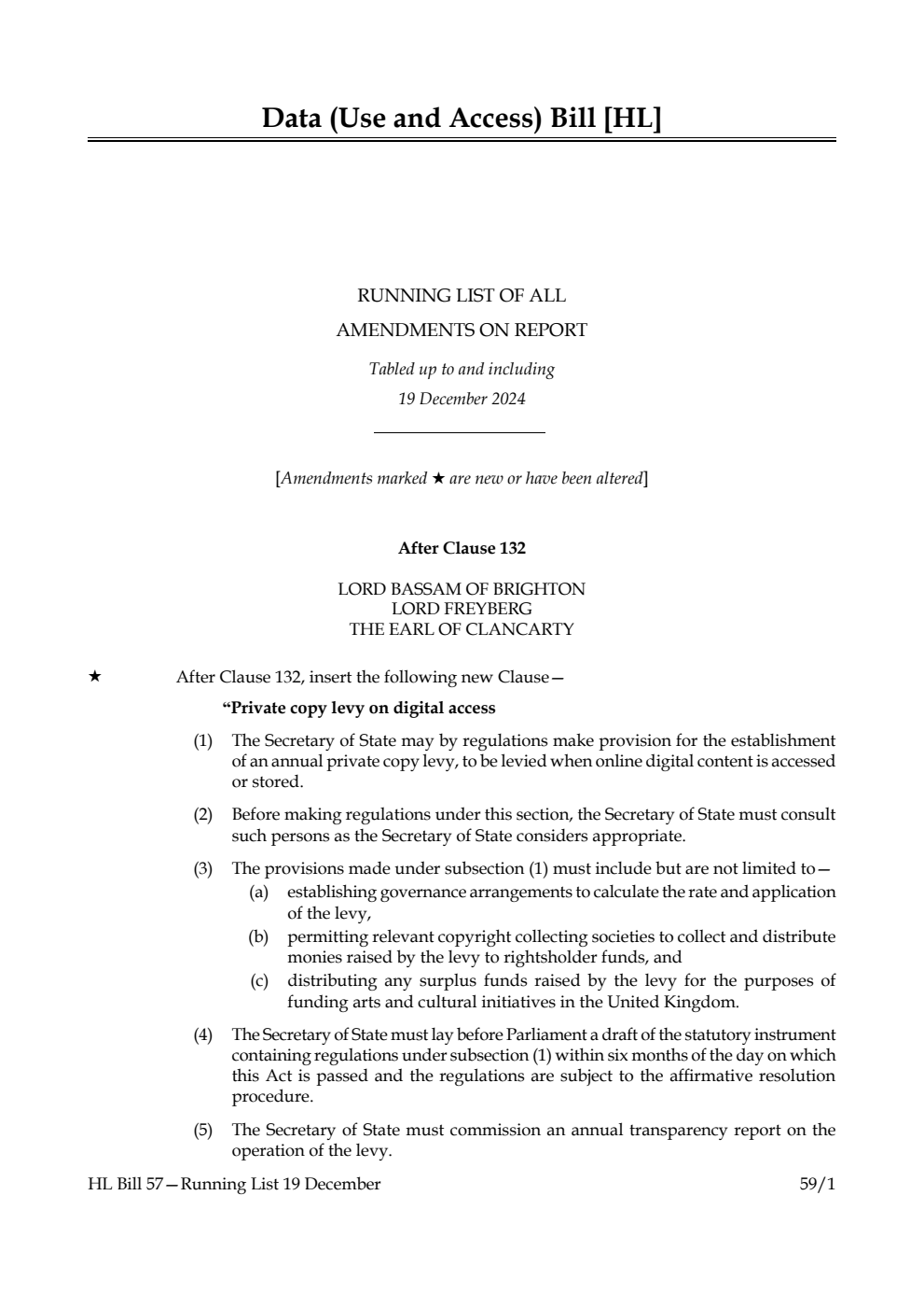 Data (Use and Access) Bill Running List of all amendments on report tabled up to and including 19 December 2024