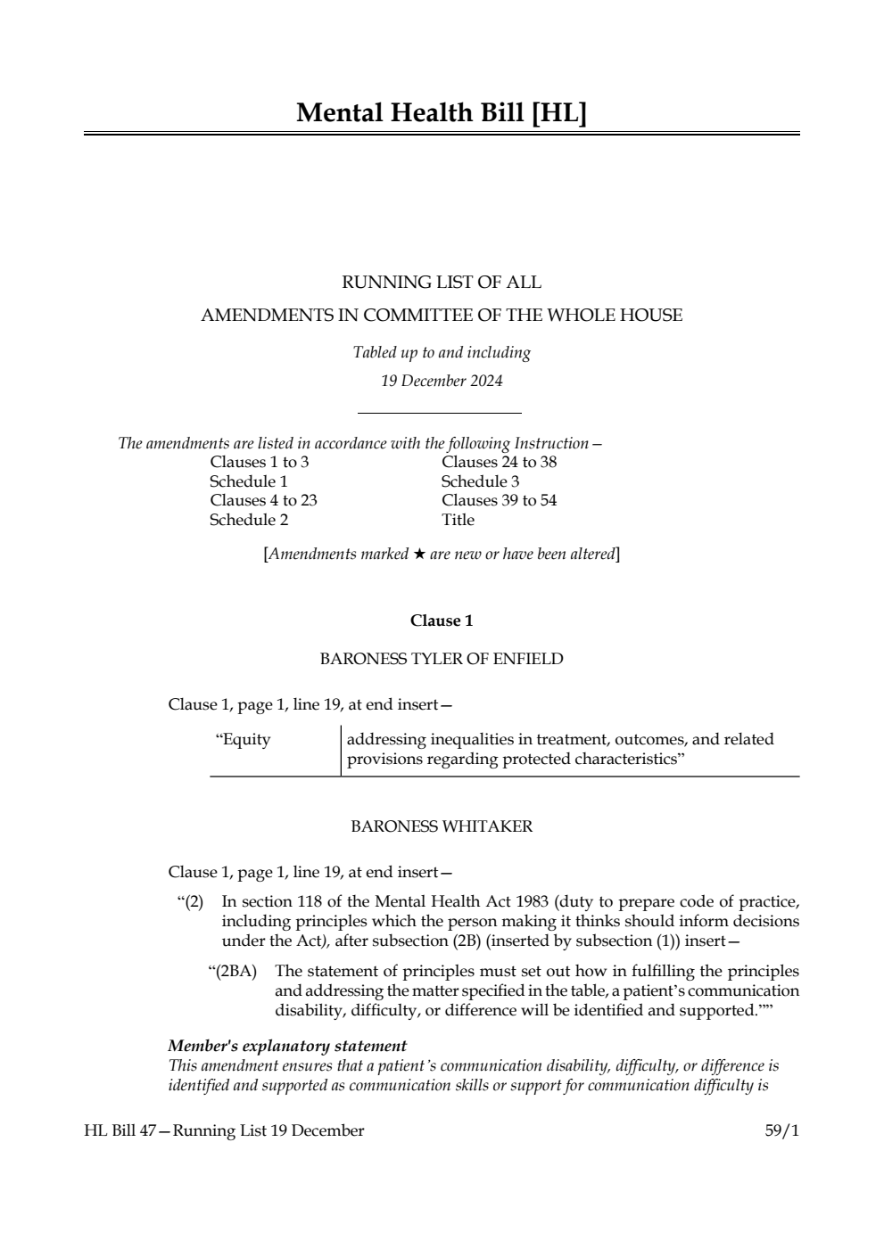 Mental Health Bill Running List of all amendments in Committee of the Whole House tabled up to and including 19 December 2024