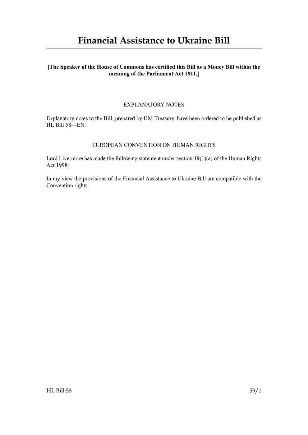 Financial Assistance to Ukraine Bill