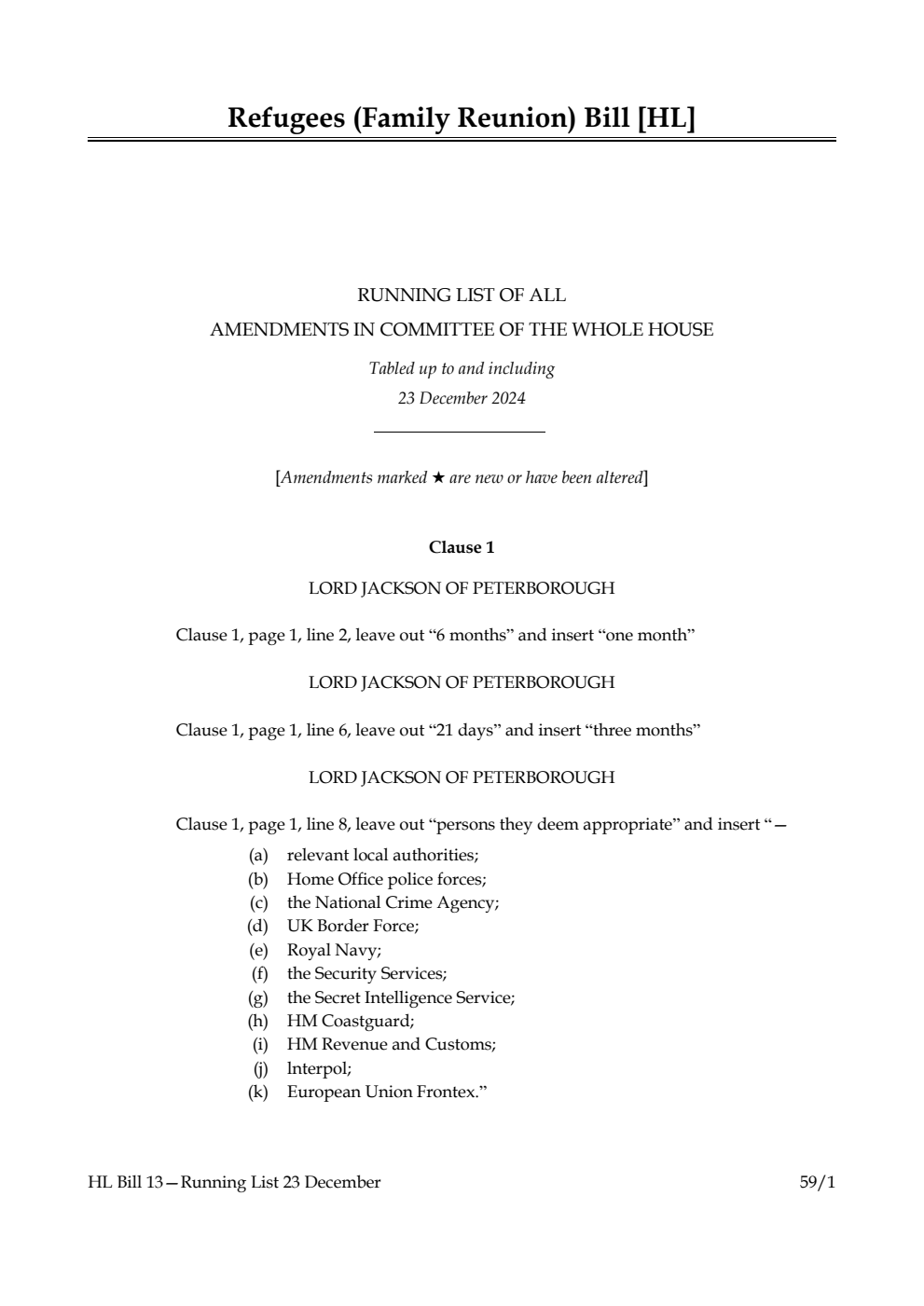 Refugees (Family Reunion) Bill Running List of all amendments in Committee of the Whole House tabled up to and including 23 December 2024
