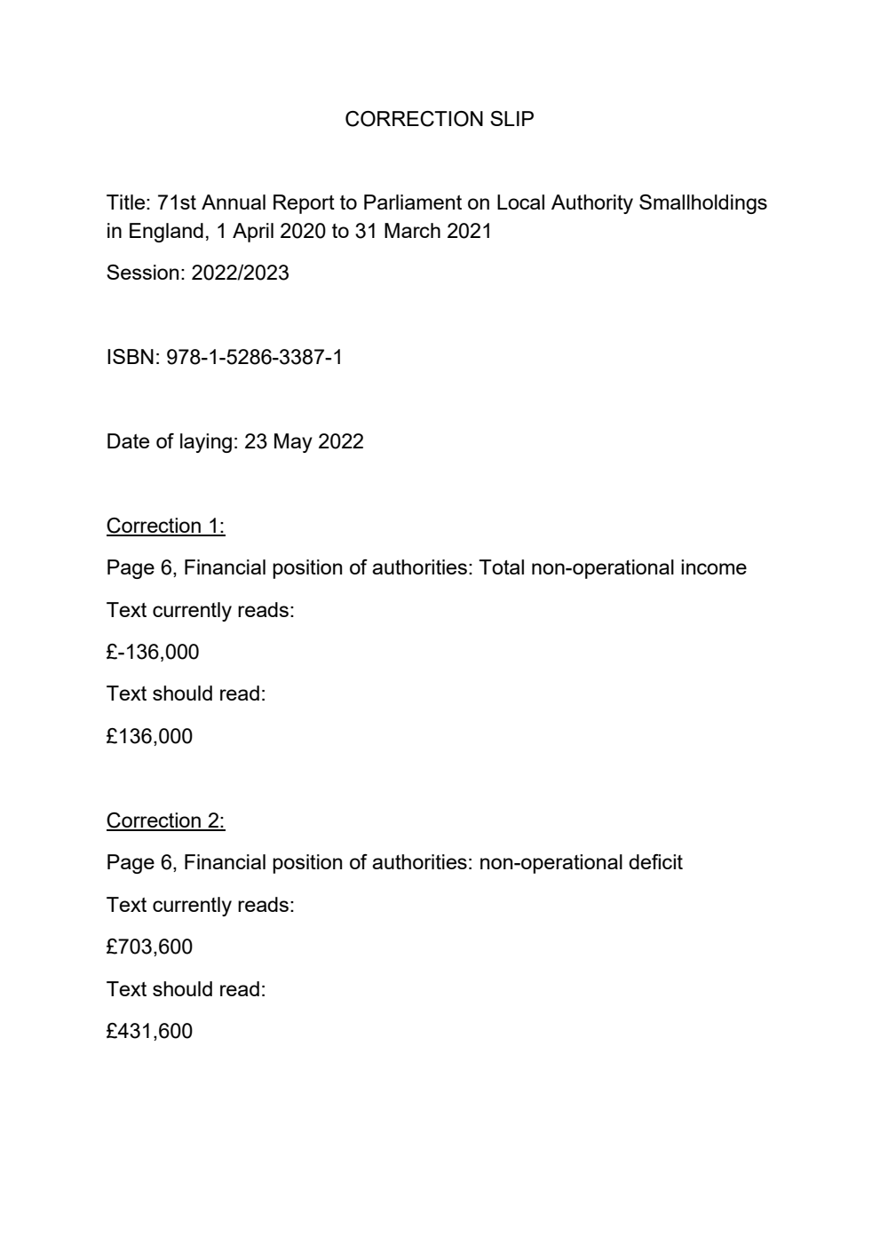 Seventy-First Annual Report to Parliament on Local Authority Smallholdings in England. 1 April 2020 - 31 March 2021. Correction Slip, August 2023