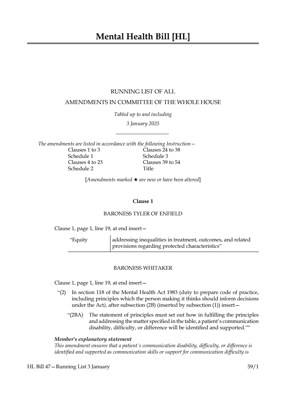 Mental Health Bill Running List of all amendments in Committee of the Whole House tabled up to and including 3 January 2025