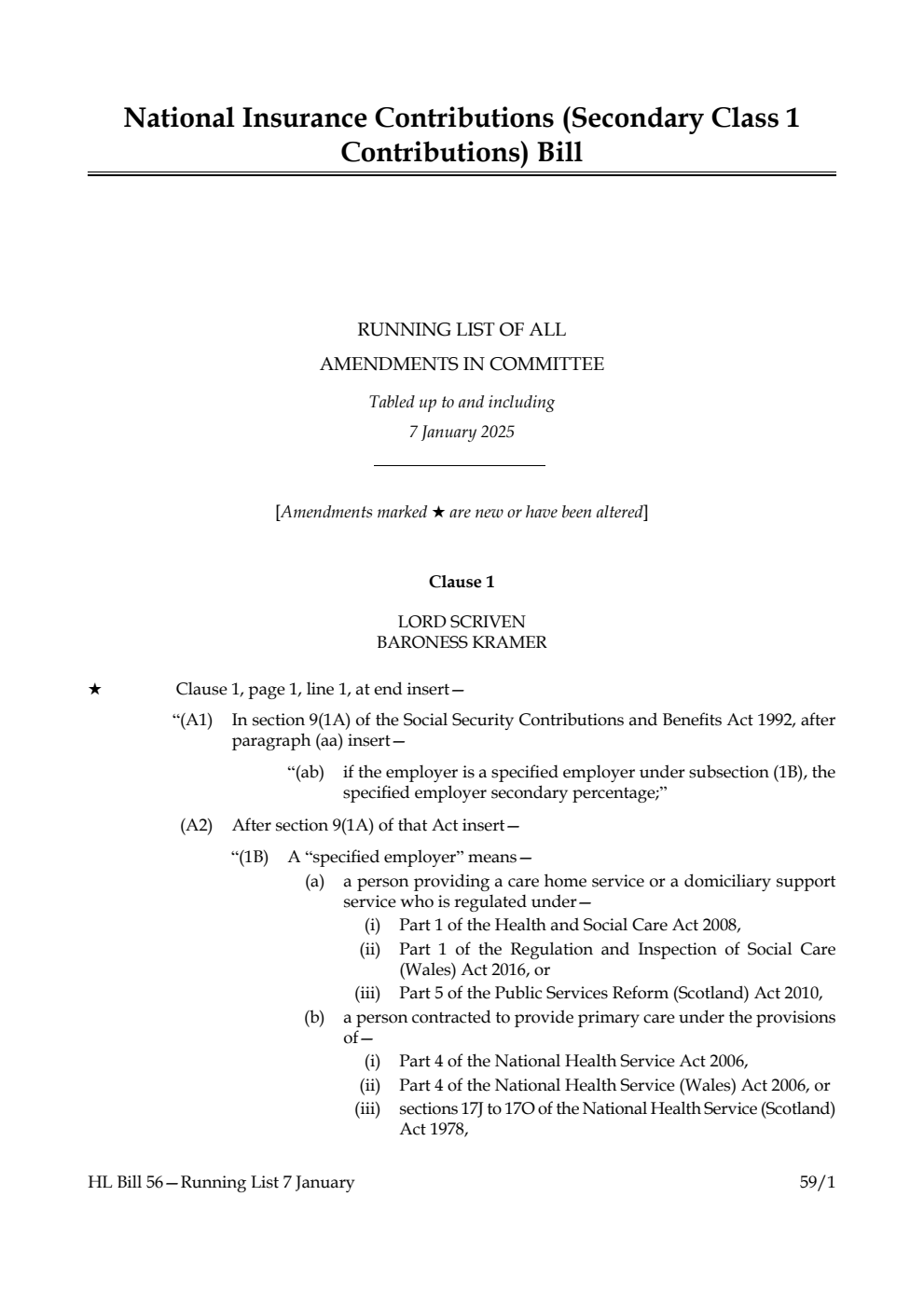 National Insurance Contributions (Secondary Class 1 Contributions) Bill Running List of all amendments in Committee tabled up to and including 7 January 2025