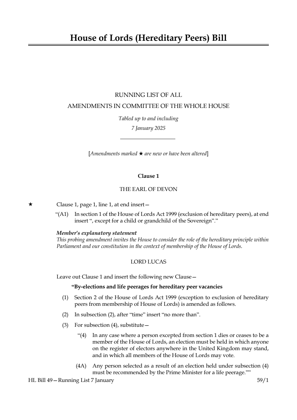House of Lords (Hereditary Peers) Bill Running List of all amendments in Committee of the Whole House tabled up to and including 7 January 2025