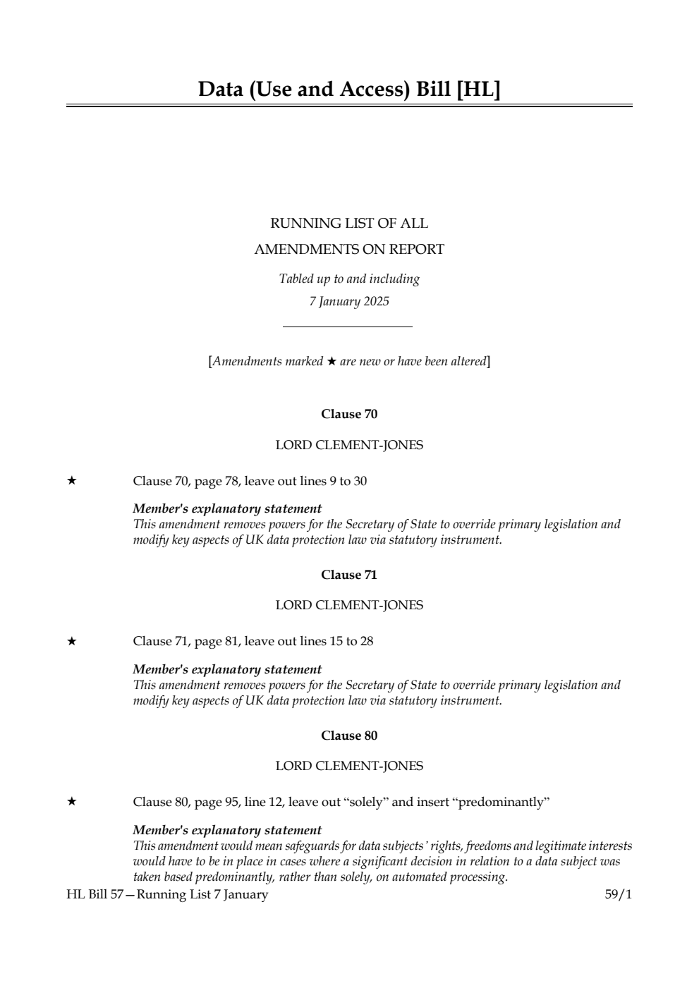 Data (Use and Access) Bill Running List of all amendments on report tabled up to and including 7 January 2025