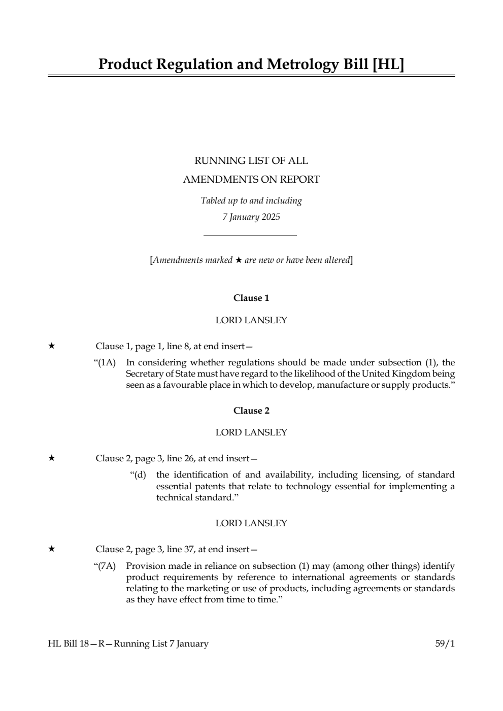 Product Regulation and Metrology Bill Running List of all amendments on report tabled up to and including 7 January 2025