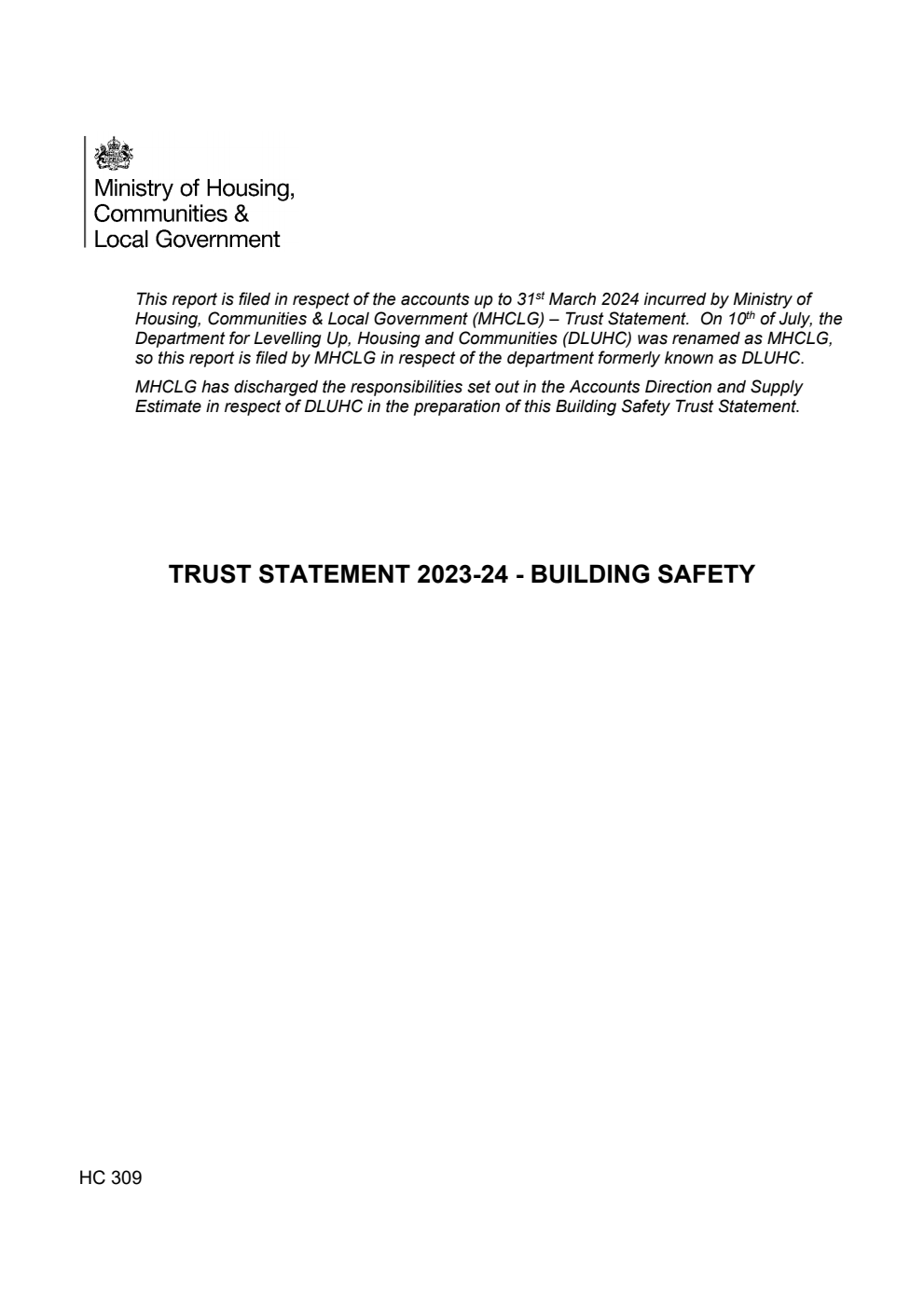 Ministry of Housing, Communities and Local Government Trust Statement 2023-24 - Building Safety (for the year ended 31 March 2024)
