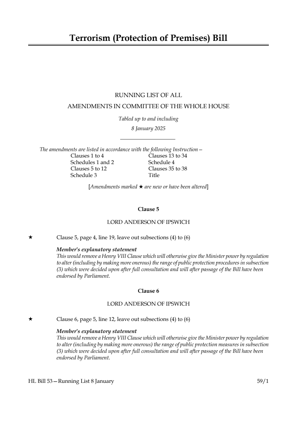 Terrorism (Protection of Premises) Bill Running List of all amendments in Committee of the Whole House tabled up to and including 8 January 2025