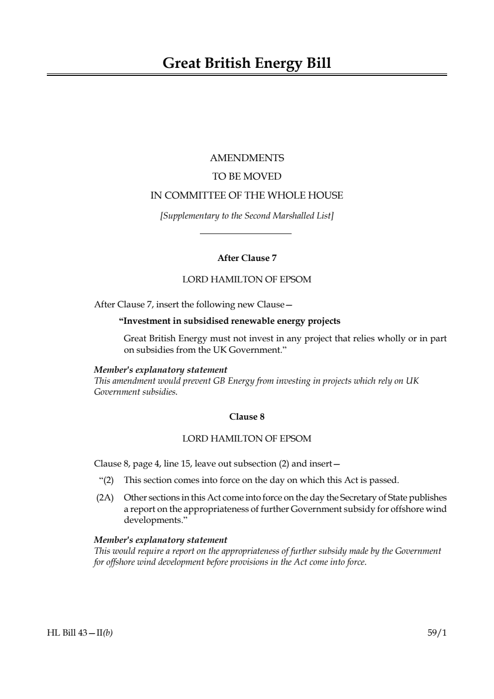 Great British Energy Bill Amendments to be moved in Committee of the Whole House [Supplementary to the Second Marshalled List]