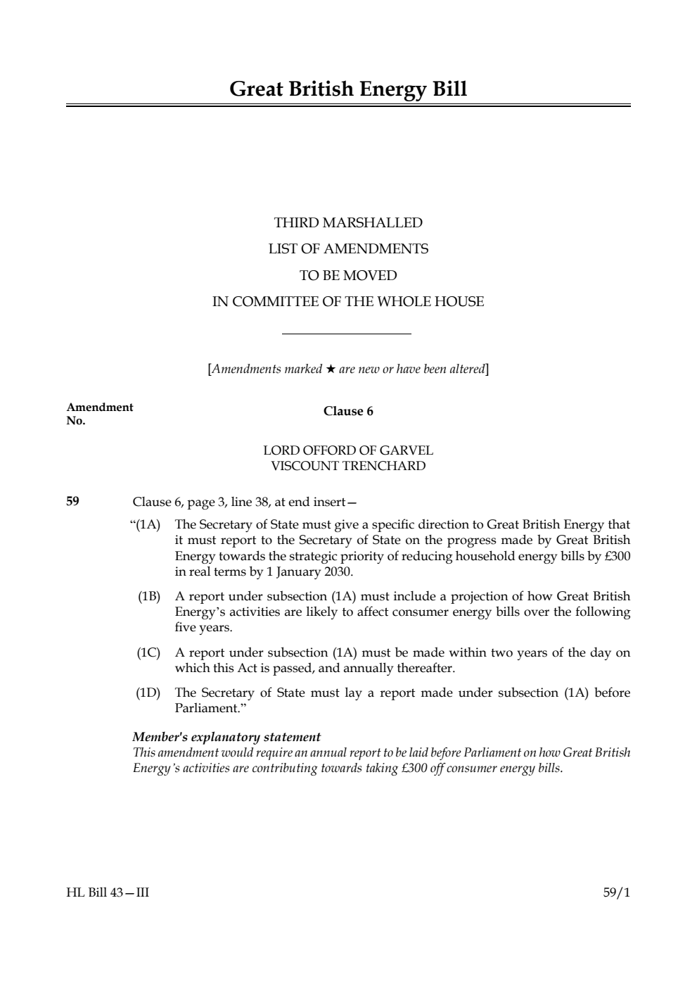 Great British Energy Bill Third Marshalled List of amendments to be moved in Committee of the Whole House