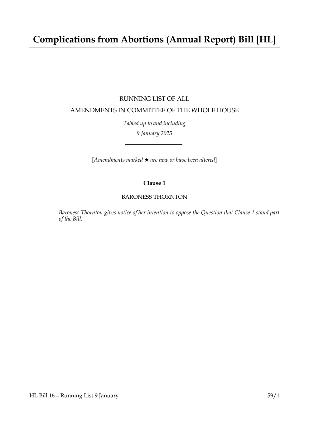 Complications from Abortions (Annual Report) Bill Running List of all amendments in Committee of the Whole House tabled up to and including 9 January 2025
