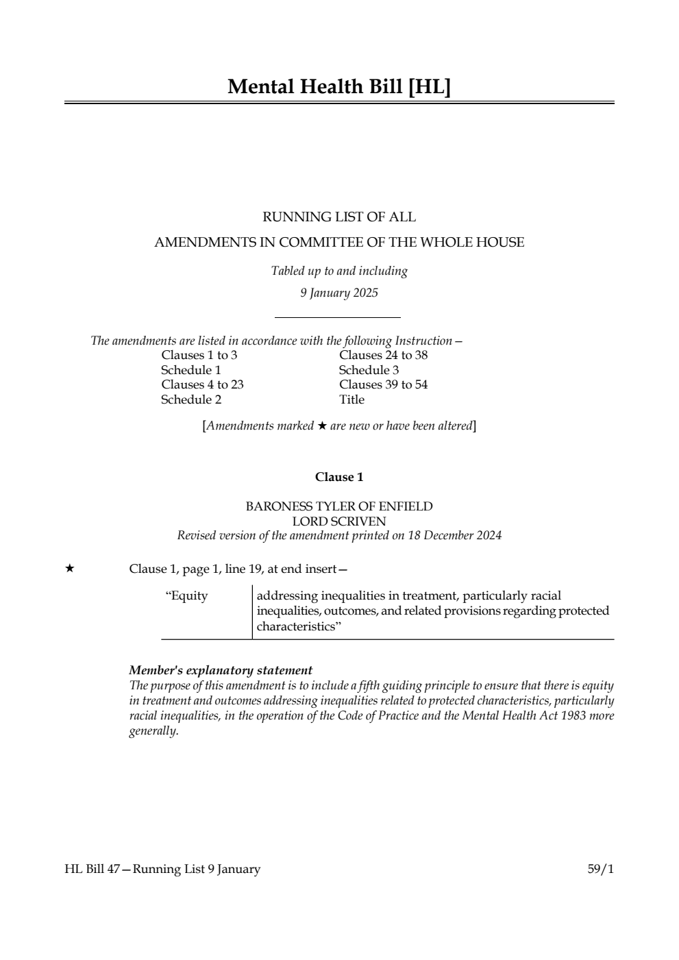 Mental Health Bill Running List of all amendments in Committee of the Whole House tabled up to and including 9 January 2025
