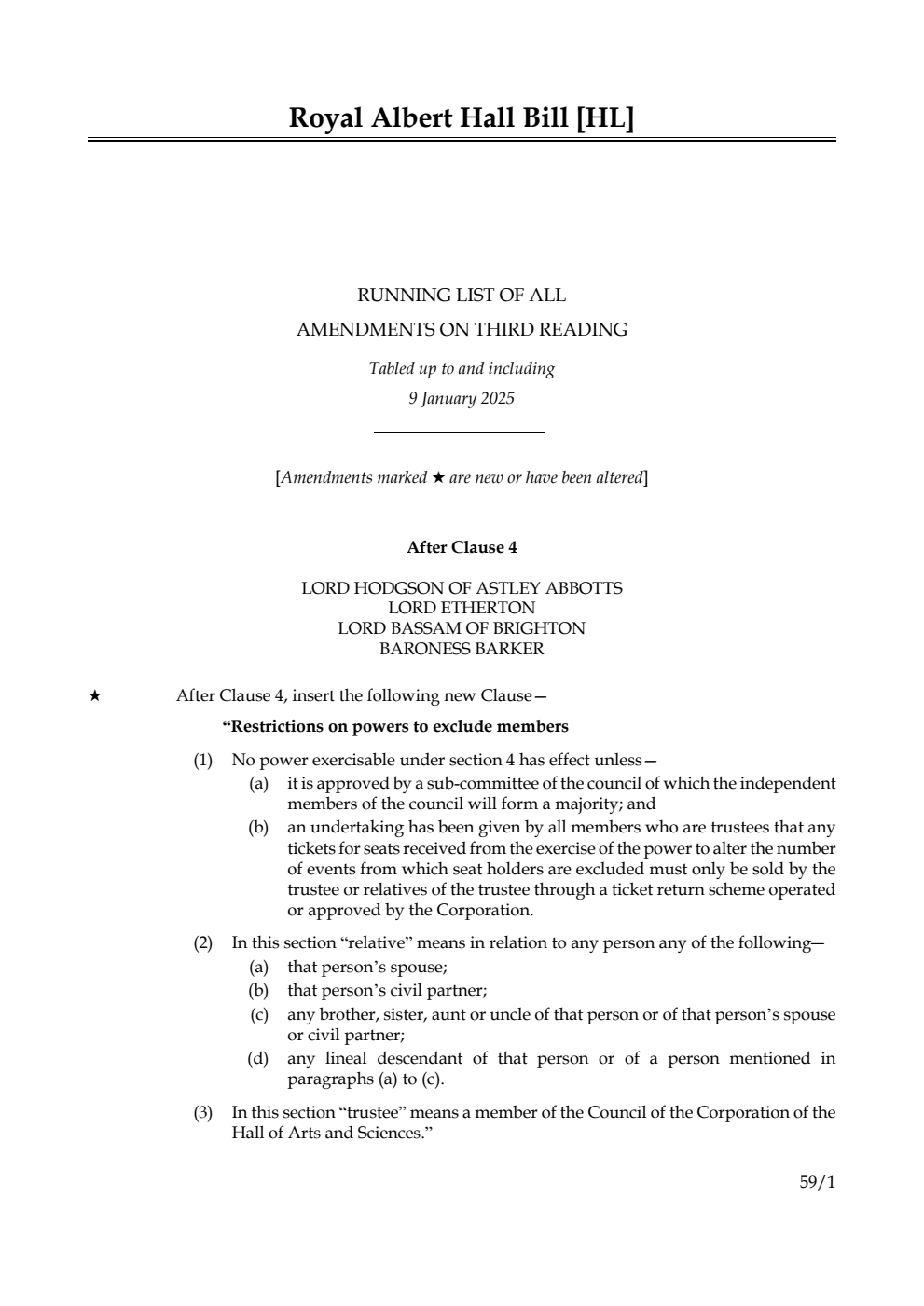 Royal Albert Hall Bill Running List of all amendments on Third Reading tabled up to and including 9 January 2025