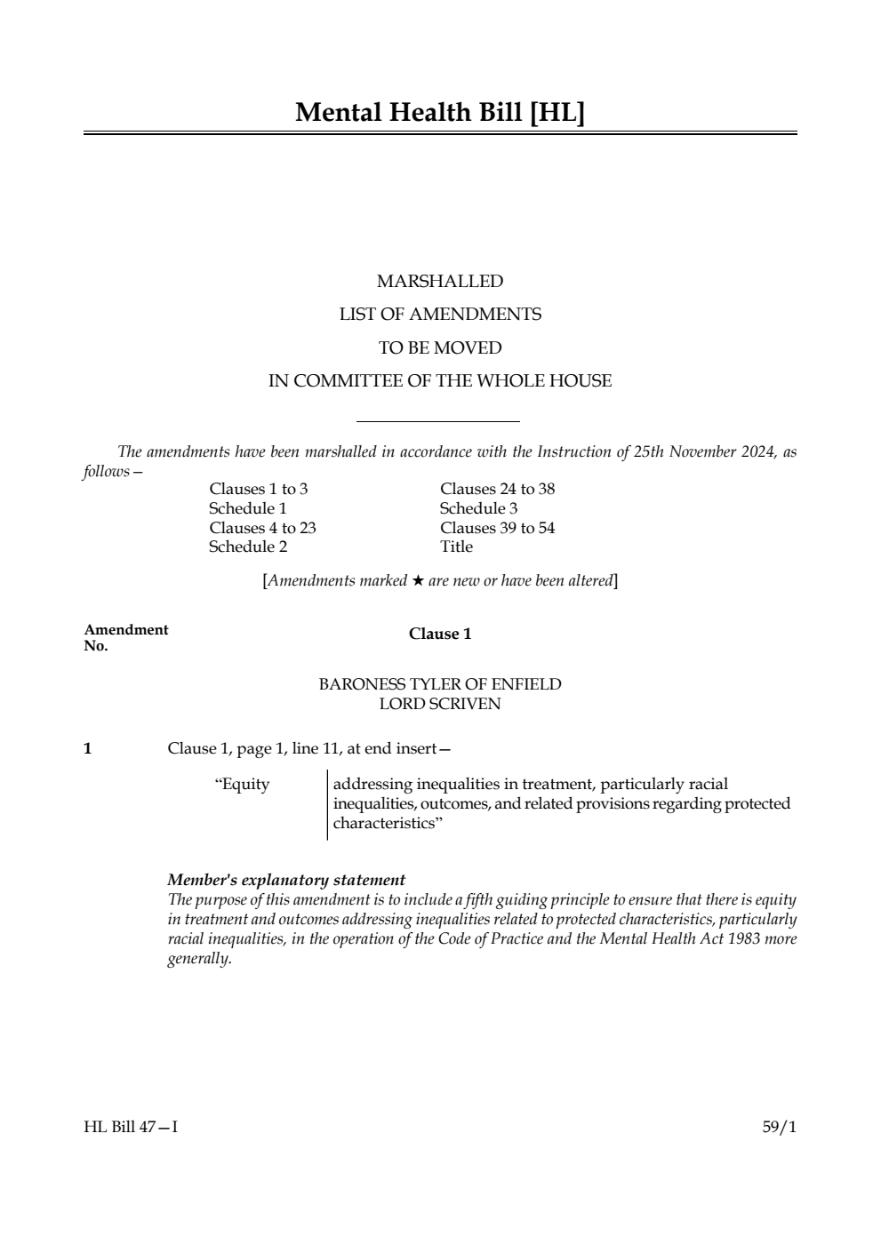 Mental Health Bill Marshalled List of amendments to be moved in Committee of the Whole House