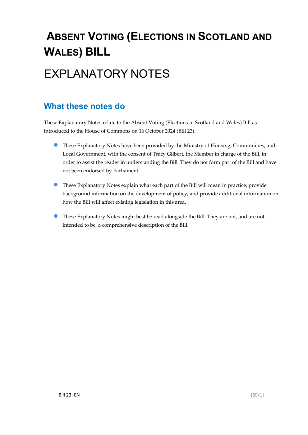 Absent Voting (Elections in Scotland and Wales) Bill Explanatory Notes