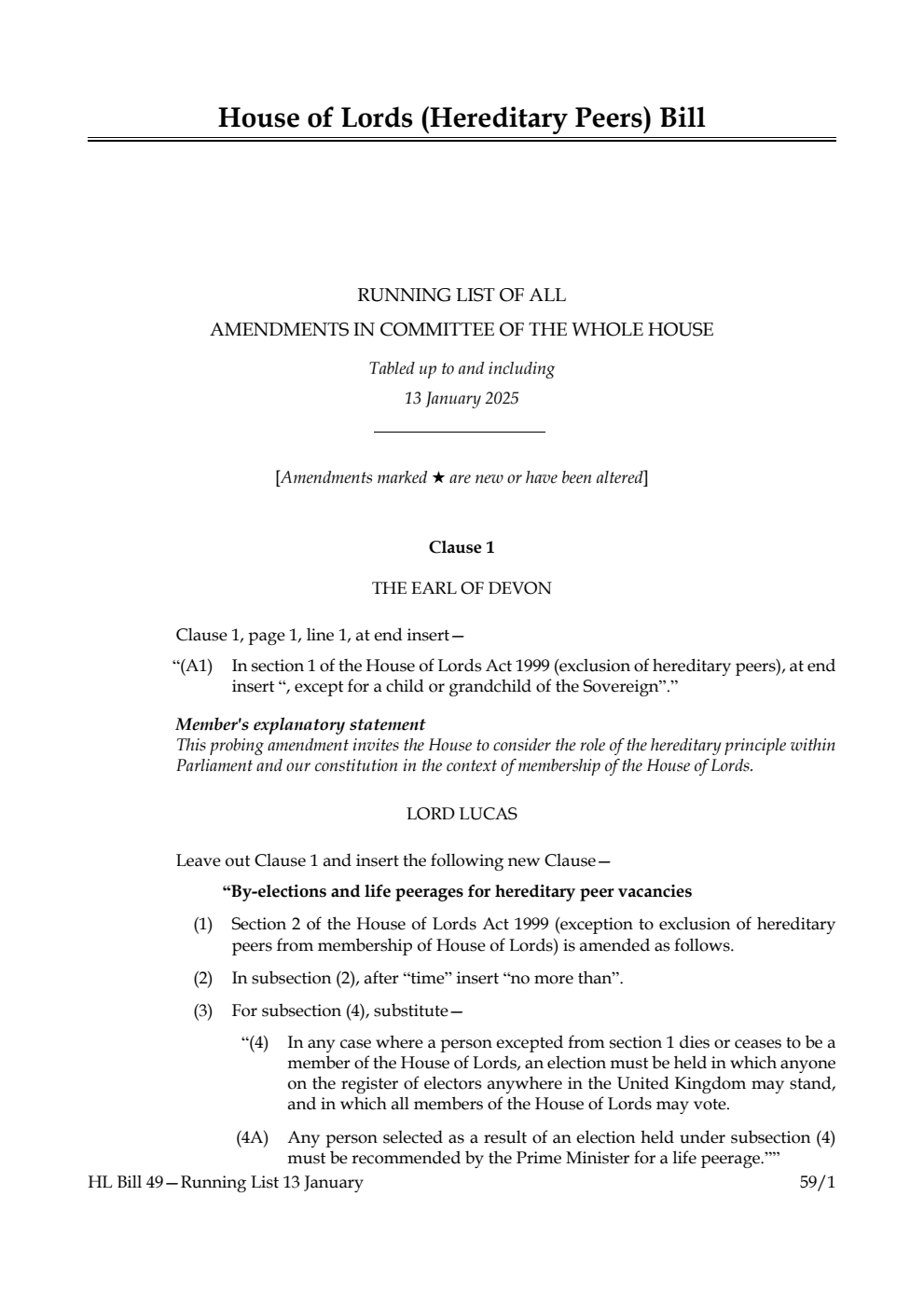 House of Lords (Hereditary Peers) Bill Running List of all amendments in Committee of the Whole House tabled up to and including 13 January 2025