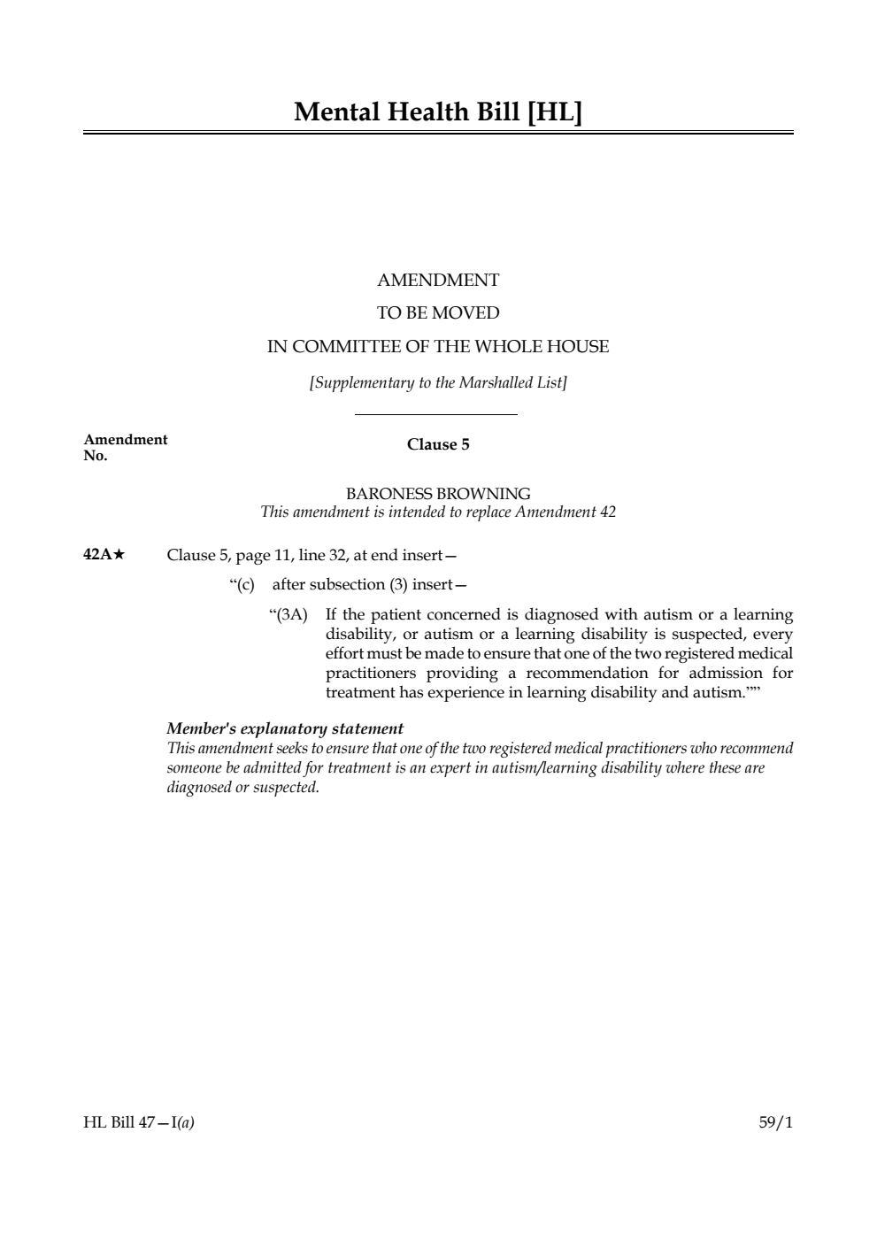 Mental Health Bill Amendment to be moved in Committee of the Whole House [Supplementary to the Marshalled List]