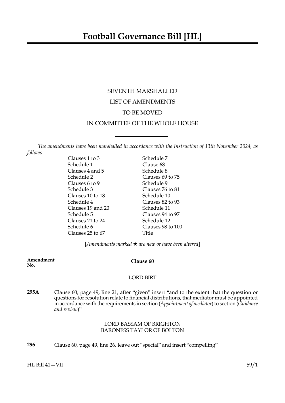 Football Governance Bill Seventh Marshalled List of amendments to be moved in Committee of the Whole House