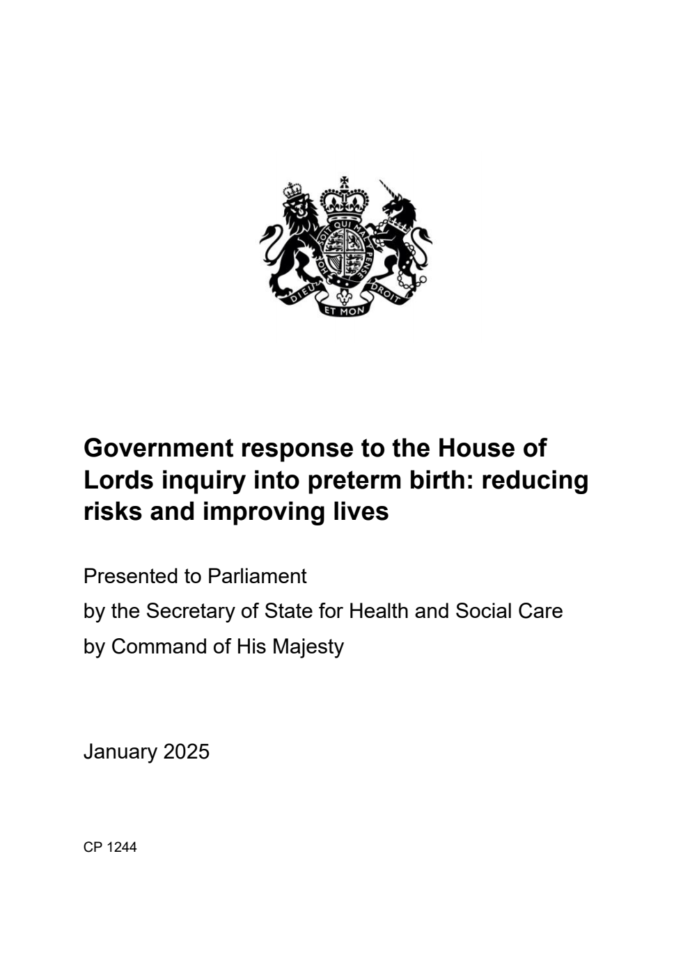 Government response to the House of Lords inquiry into preterm birth: reducing risks and improving lives