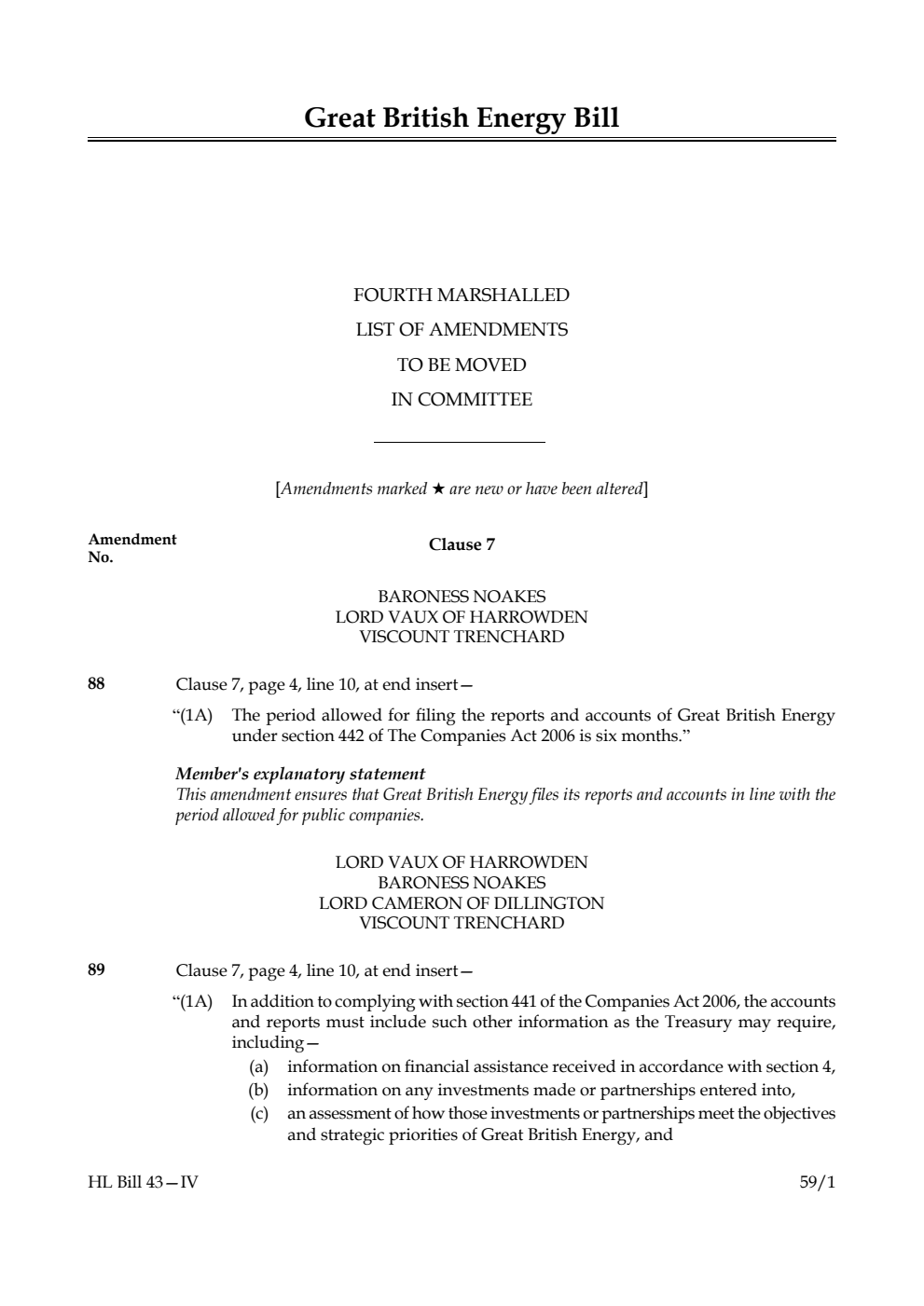 Great British Energy Bill Fourth Marshalled List of amendments to be moved in Committee