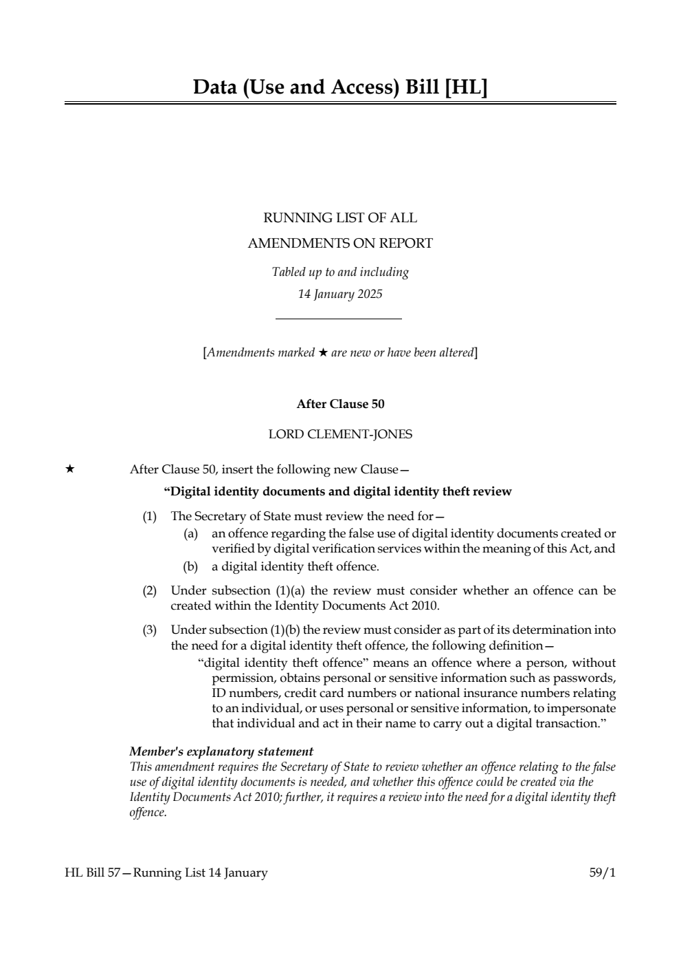 Data (Use and Access) Bill Running List of all amendments on report tabled up to and including 14 January 2025