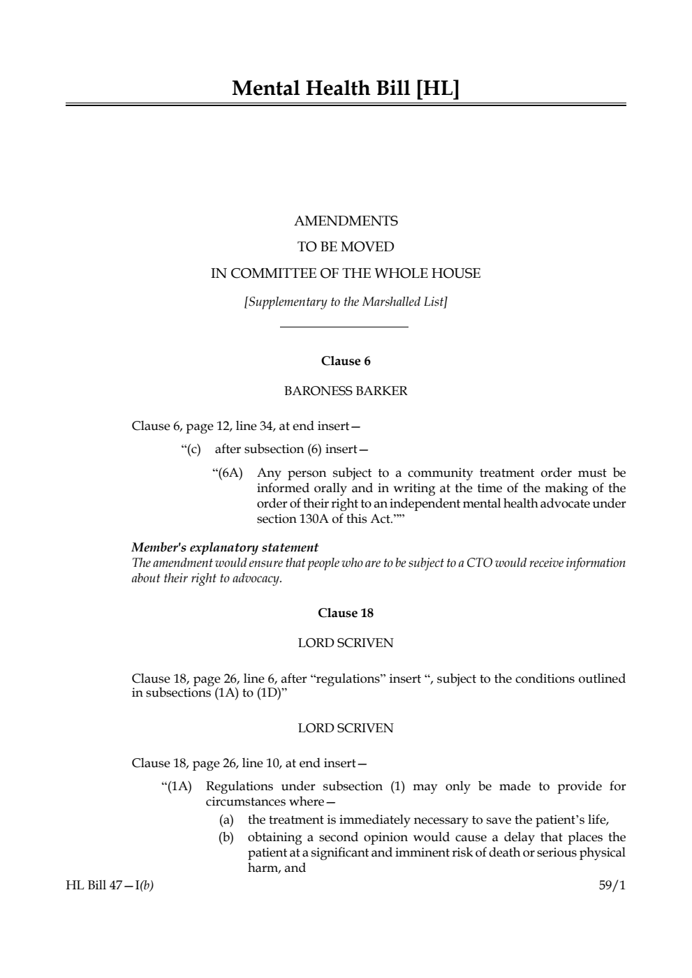 Mental Health Bill Amendments to be moved in Committee of the Whole House [Supplementary to the Marshalled List]