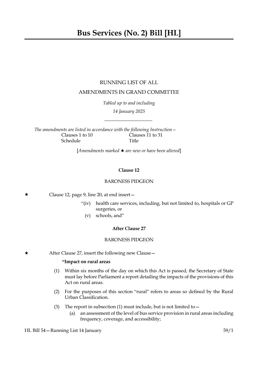 Bus Services (No. 2) Bill Running List of all amendments in Grand Committee tabled up to and including 14 January 2025