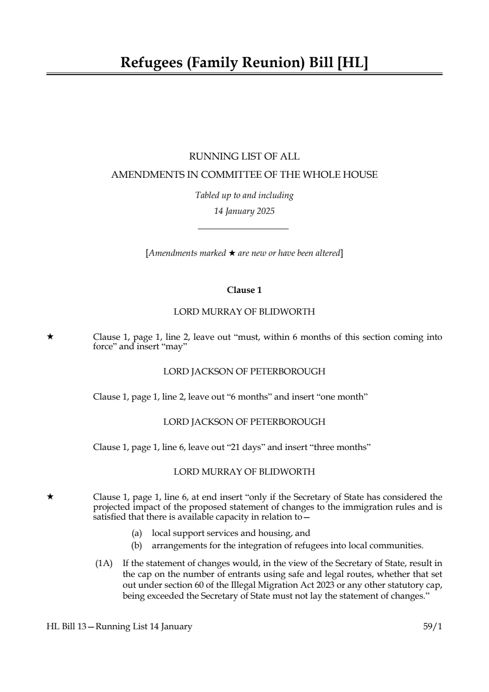 Refugees (Family Reunion) Bill Running List of all amendments in Committee of the Whole House tabled up to and including 14 January 2025
