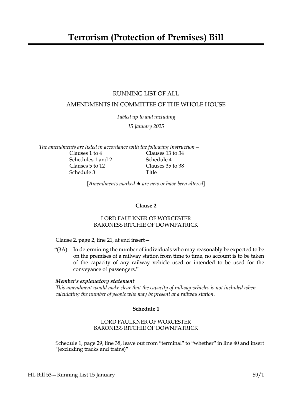 Terrorism (Protection of Premises) Bill Running List of all amendments in Committee of the Whole House tabled up to and including 15 January 2025