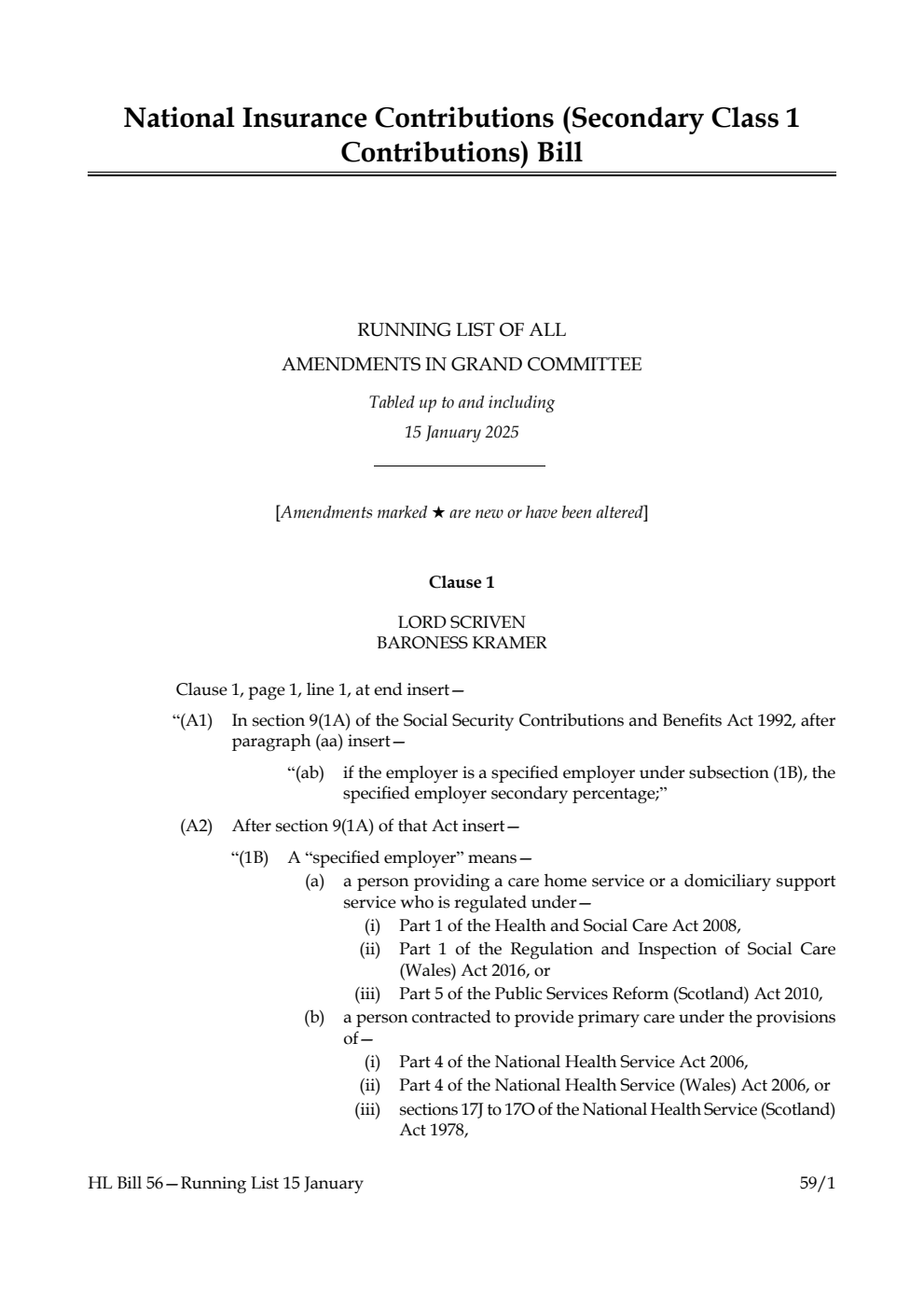 National Insurance Contributions (Secondary Class 1 Contributions) Bill Running List of all amendments in Grand Committee tabled up to and including 15 January 2025