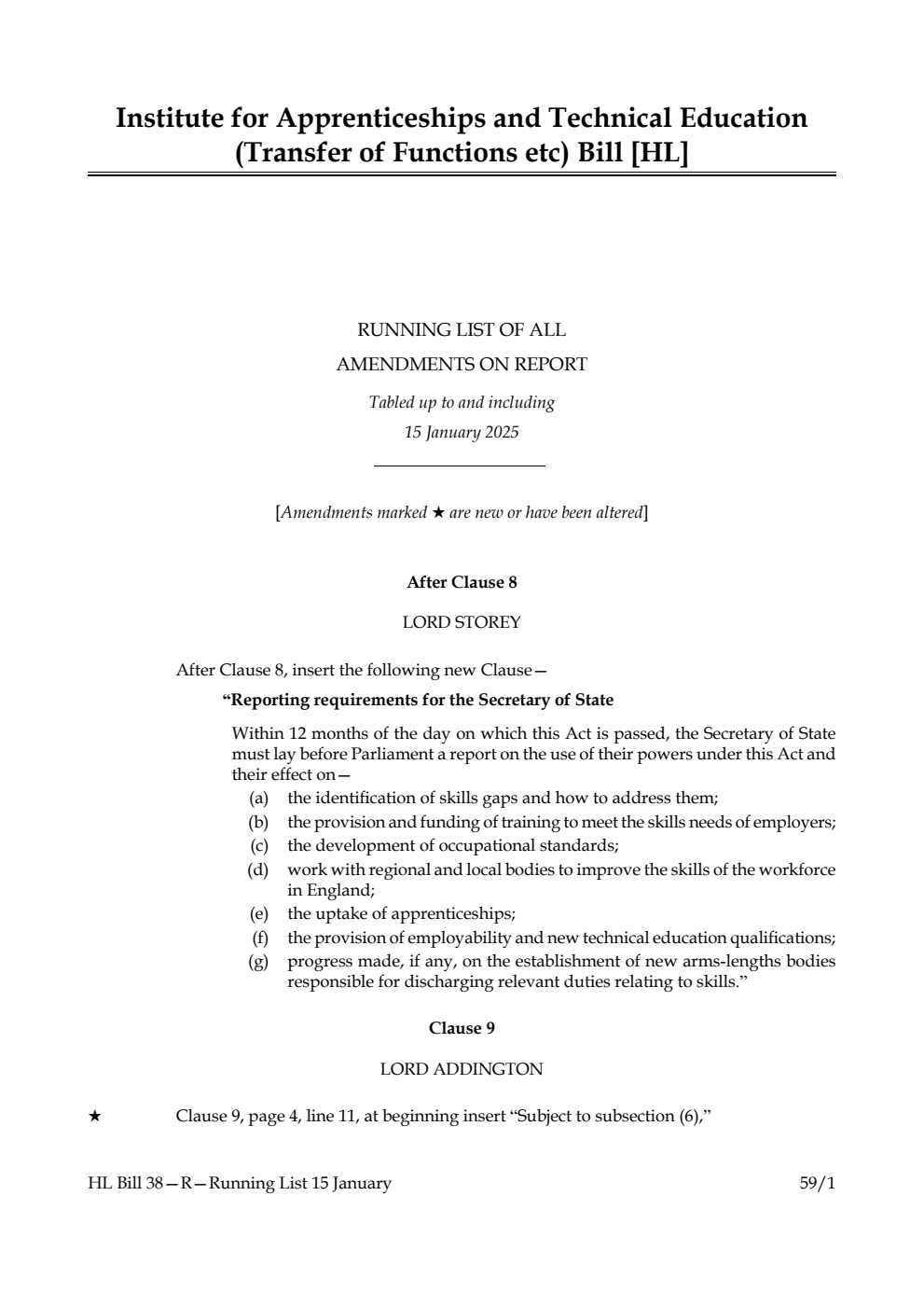 Institute for Apprenticeships and Technical Education (Transfer of Functions etc) Bill Running List of all amendments on report tabled up to and including 15 January 2025