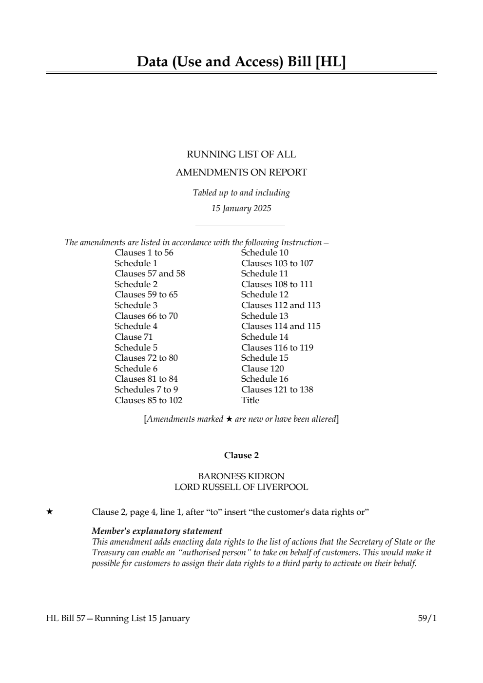 Data (Use and Access) Bill Running List of all amendments on report tabled up to and including 15 January 2025