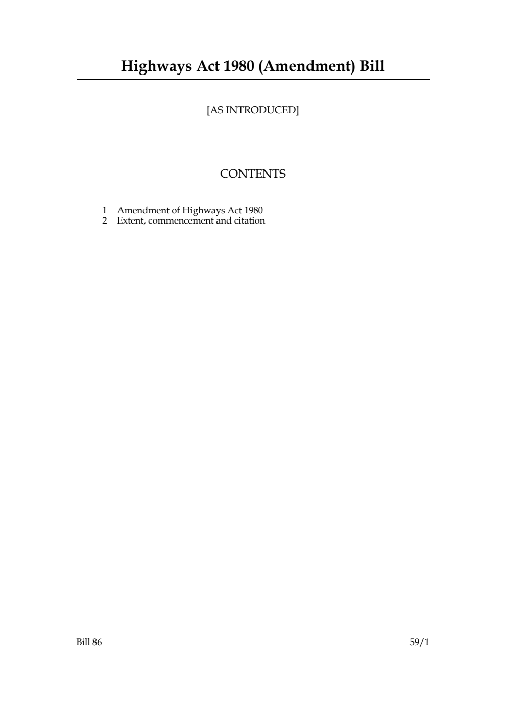 Highways Act 1980 (Amendment) Bill