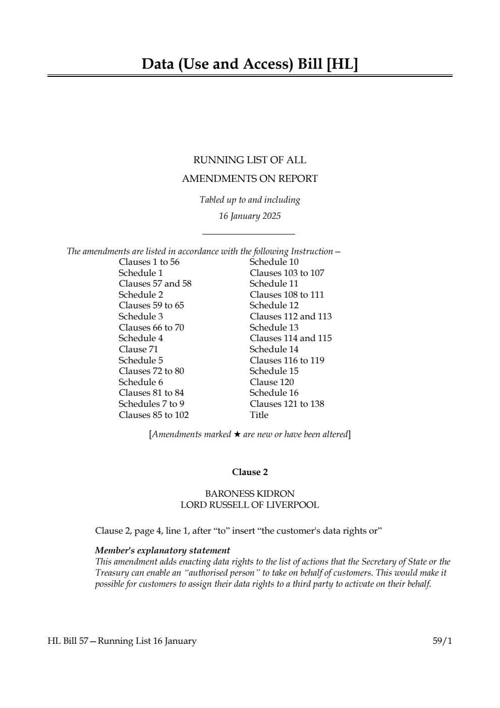 Data (Use and Access) Bill Running List of all amendments on report tabled up to and including 16 January 2025