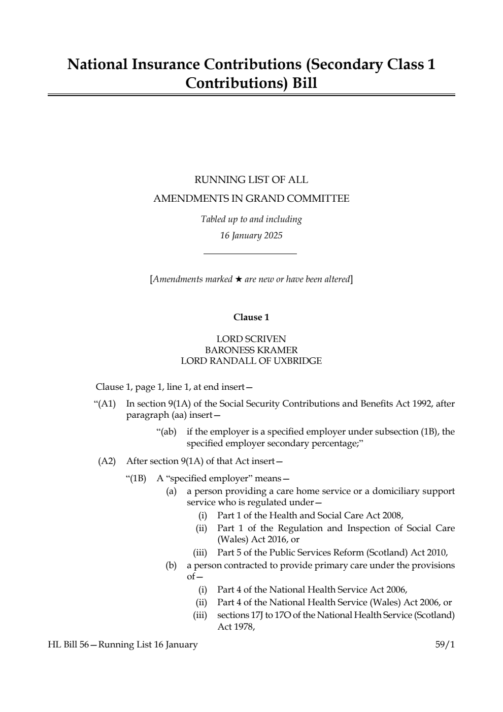 National Insurance Contributions (Secondary Class 1 Contributions) Bill Running List of all amendments in Grand Committee tabled up to and including 16 January 2025