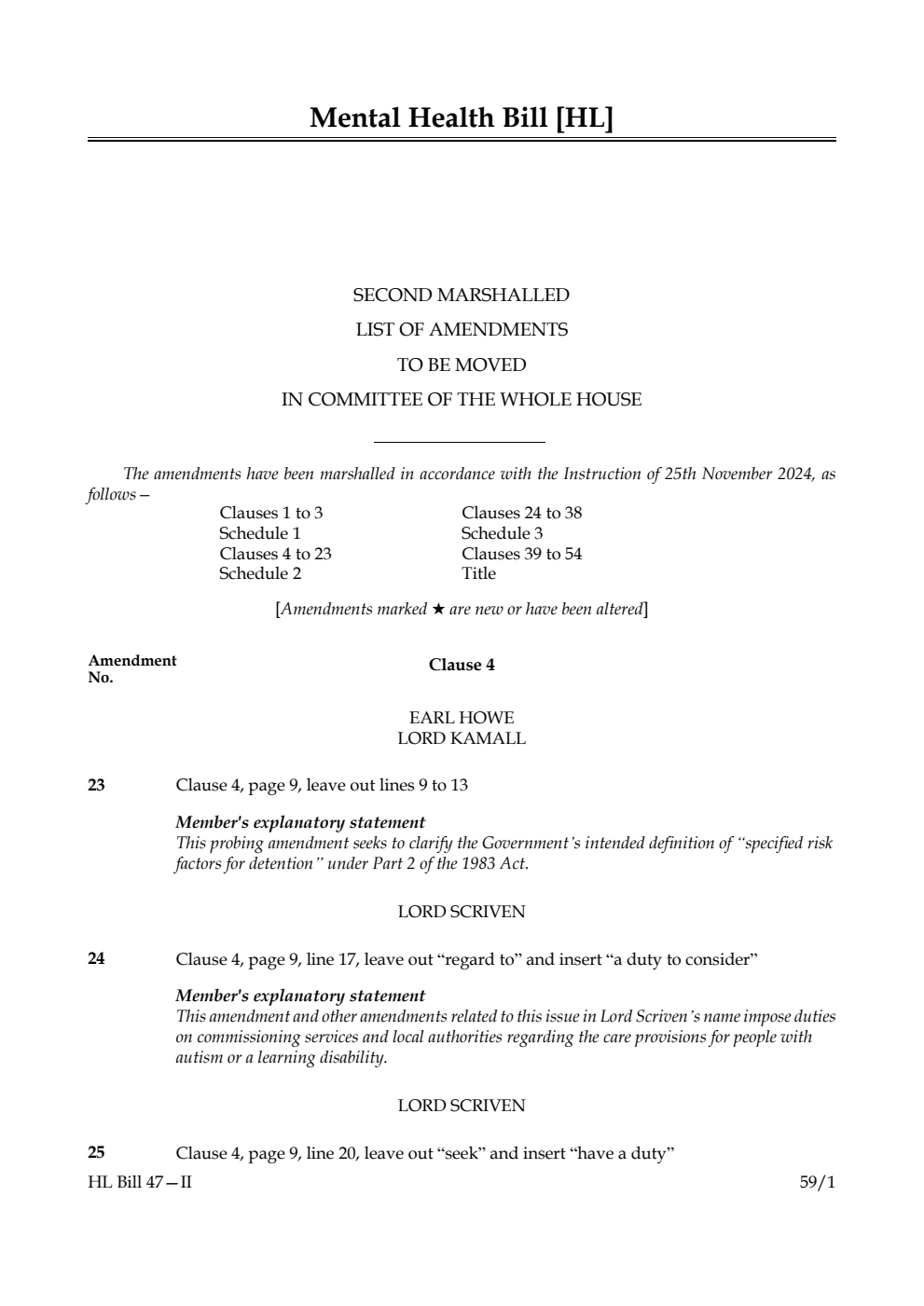 Mental Health Bill Second Marshalled List of amendments to be moved in Committee of the Whole House
